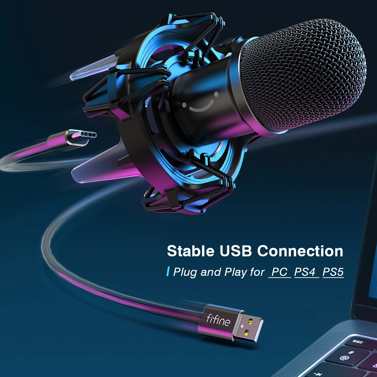 FIFINE USB Dynamic Microphone Kit with Boom Arm,RGB Shock Mount,Cardioid Mic Set for Game Podcast Stream for PC PS4 PS5-K651 mic stand