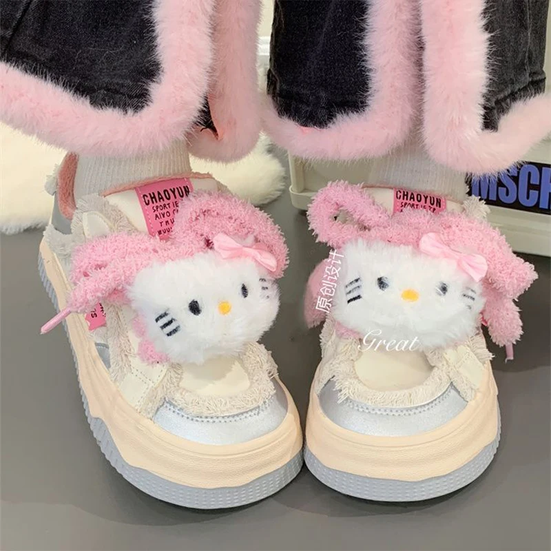 

Girly Heart Hello Kitty Anime Kawaii Board Shoes Winter Plus Cashmere Cute Cartoon Warm Casual Board Sneakers Toys for Girls