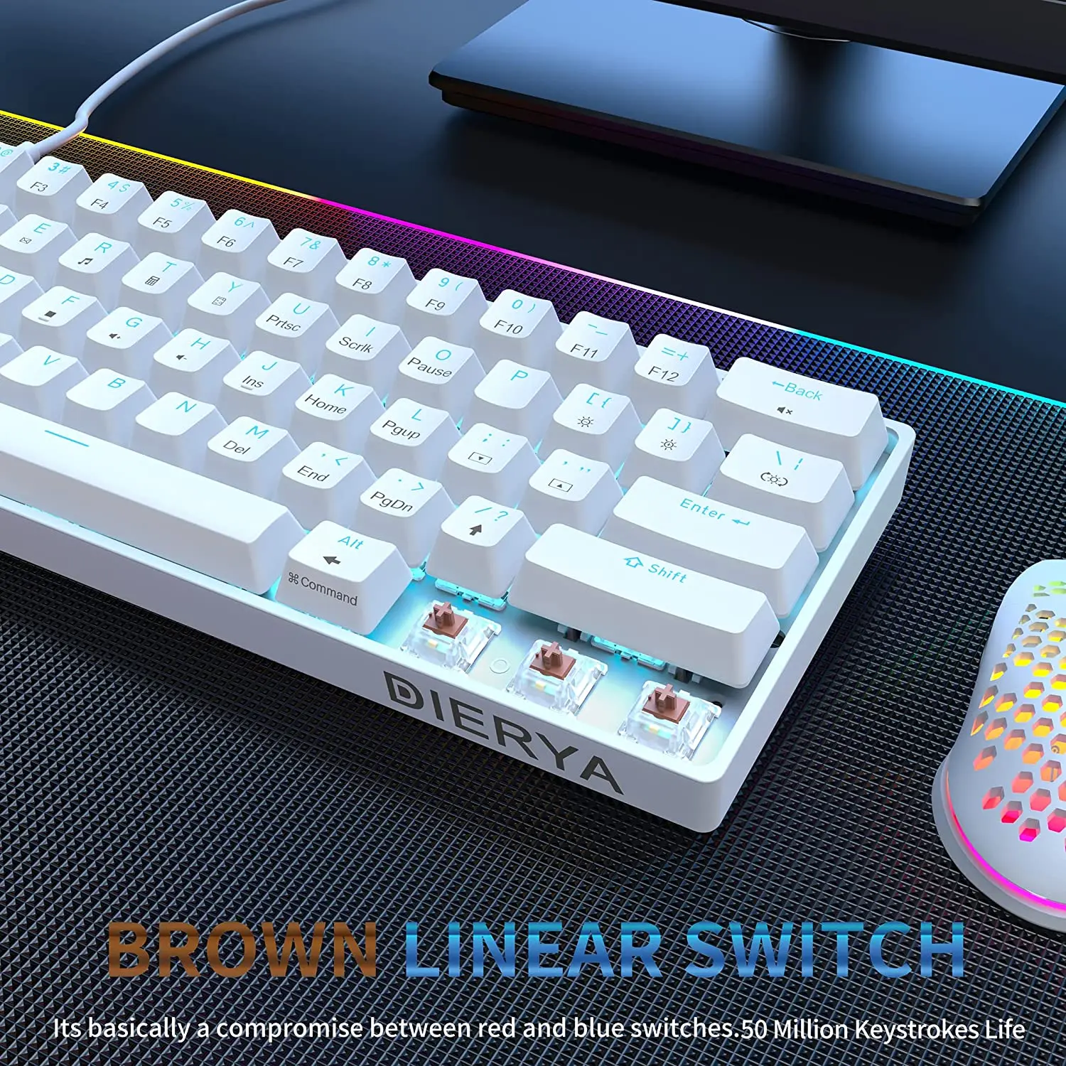 DIERYA DK61SE 60% Mechanical Gaming Keyboard, 61 Keys Anti-Ghosting, LED  Backlight, Detachable USB-C, Ultra-Compact Mini Wired Keyboard with Brown