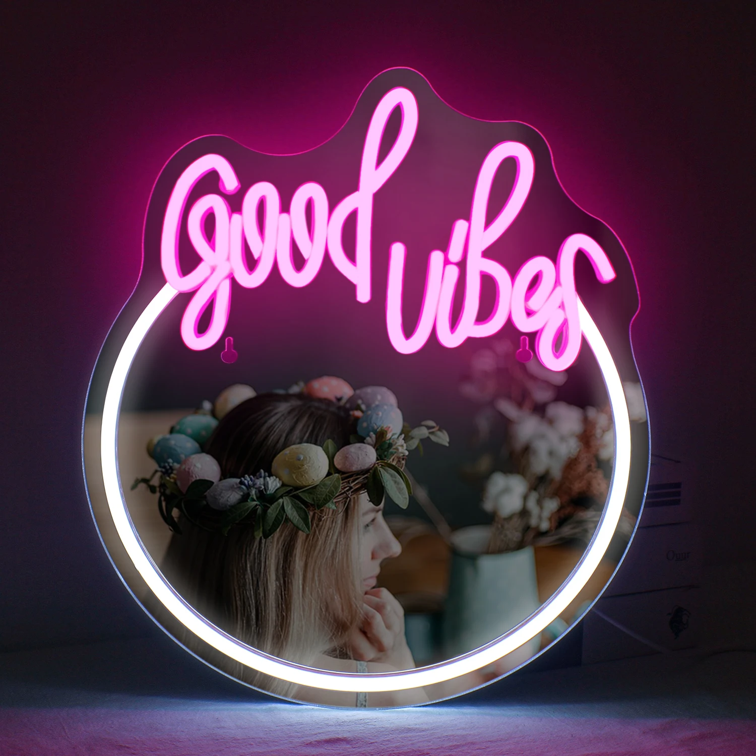 

Good Vibes Mirror Neon Sign for Wall Decor Girls Hotel Room Decor USB Powered Led Neon Signs Bedroom Decor Birthday Party Gift