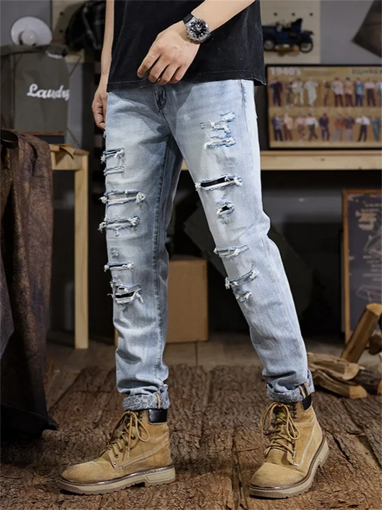 Men 3D Broken Hole Jeans Long Ink Splash Graffiti Pants 3D Inner Bleached Slim Fit High Elastic Zipper Trendy Cat Flipping Edge