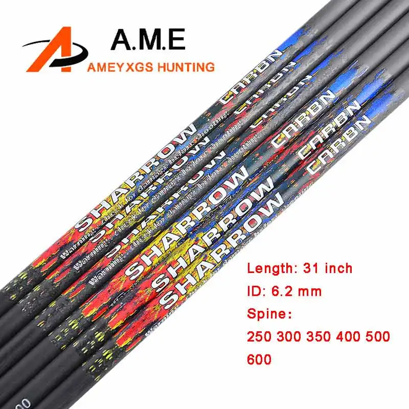 

6/12pcs 31" Archery Arrow Shafts ID6.2mm Pure Carbon Fibre Spine 250 300 350 400 500 600 for Compound Bow Hunting Shooting