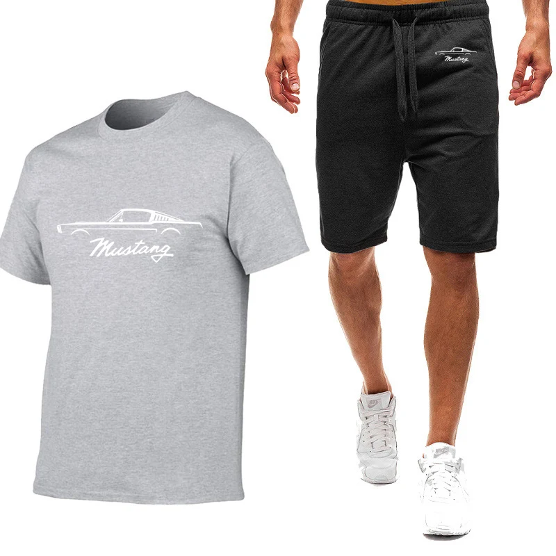 2023 Man Mustang Car Logo Printing Nine Color Short Sleeved Suit Summe New Sport T-Shirt Comfortable Casual Shorts 2-piece Set