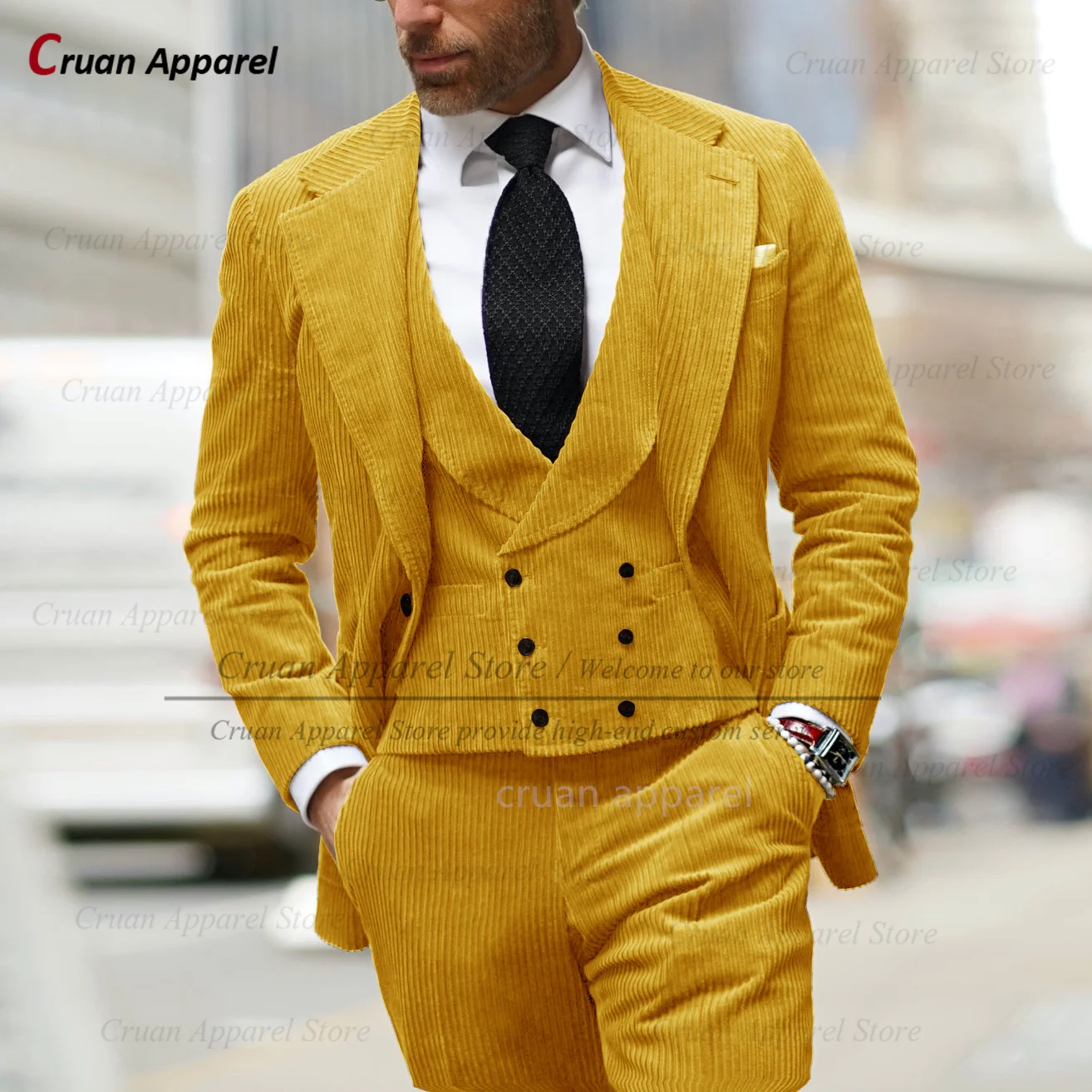 Corduroy Men Suits 3 Pieces Slim Fit Fashion Dinner Business Wedding Tuxedos Men Tailor-made Casual Blazer Vest Pants Set