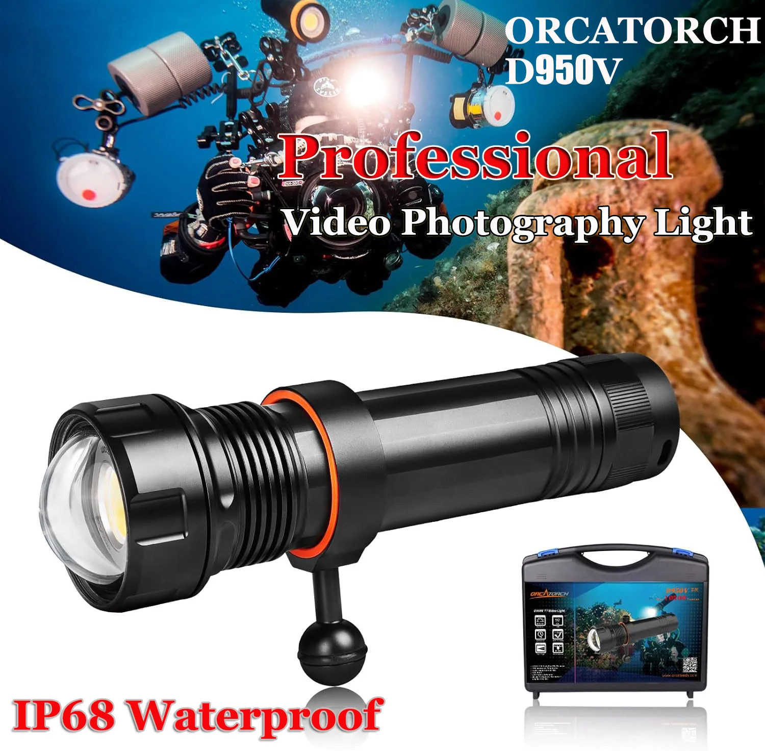

ORCATORCH D950V Powerful Scuba Diving Flashlight Lamp Rechargeable LED Flashlights Underwater Video Photography Light Dive Torch