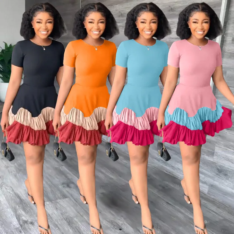 

2024 New Fashionable and Casual Women's Summer Color Block Splicing Short Sleeve Pleated Elegant Dress A-Group