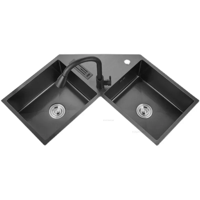 Nano Corner Kitchen Sinks Double-slot Creative Washbasin Kitchen Accessories Thickened Shaped Handmade Basin with Knife Holder