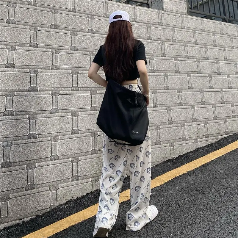 Summer Sports Chic Y2k Young Style Streetwear Women Korean Fashion Printed Contrasting Color All Match Long Wide Leg Trousers