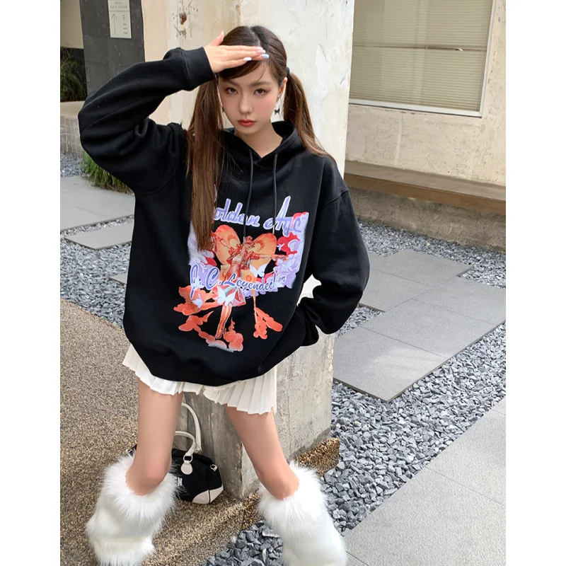 

Women Black Hoodie Sweatshirt Printing Vintage Long Sleeve Korean Fashion Plush Casual Y2K Autumn 2023 NEW Female Pullover Tops