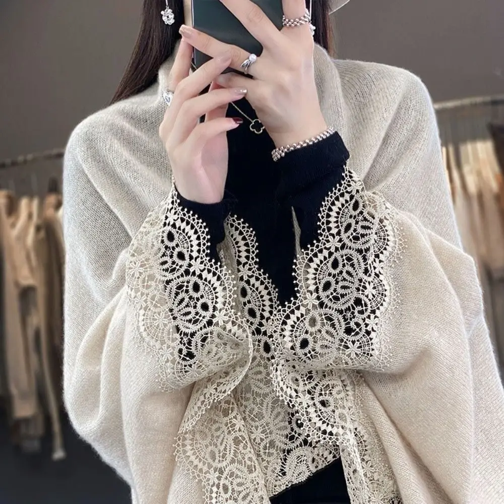 Luxurious Women's Wool Knitted Shawl with Lace Edge - Skin Friendly & Breathable Scarf