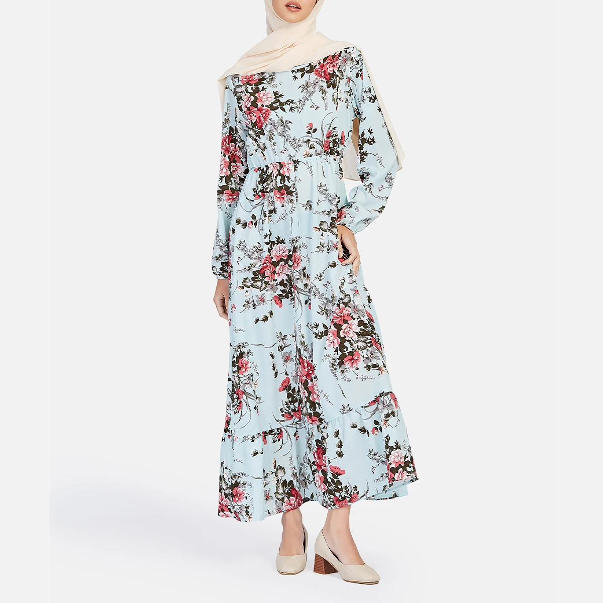 Summer Floral Dress Long Sleeve Muslim Abaya Rural Islamic Dubai Turkey Kimino Hijab Ramadan Clothing Robe Femme Musulmane