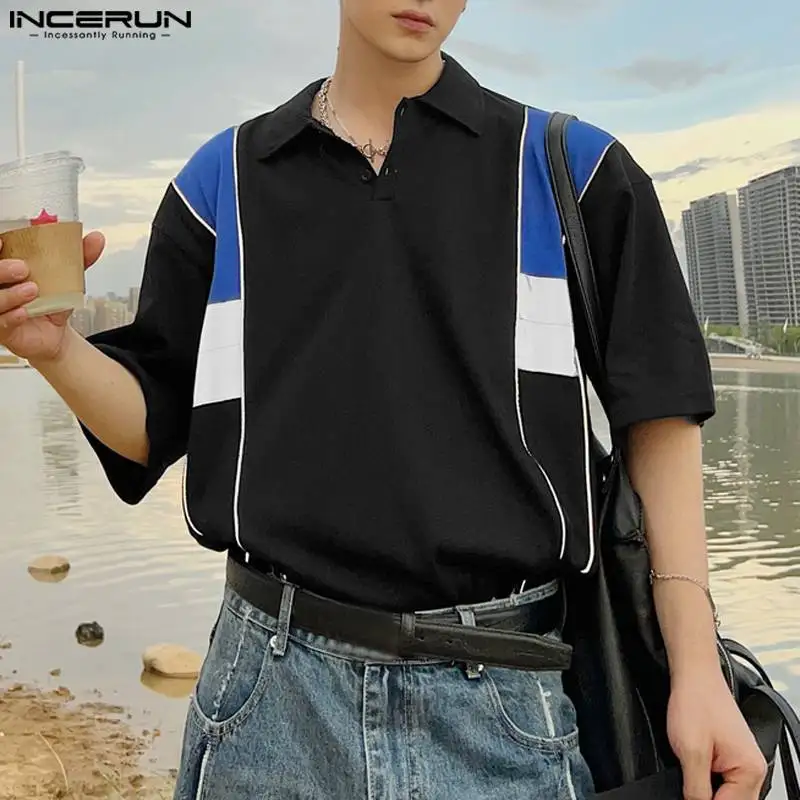 

Casual Stylish Style Tops INCERUN Men's Tricolor Patchwork Design Shirts Streetwear Male Lapel Collar Short Sleeved Blouse S-5XL