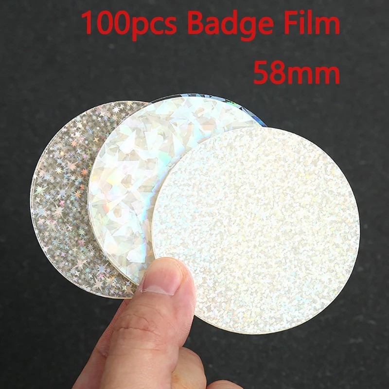 Badge Protective Film 100pcs 58mm Transparent Badge Film Clear Laser Star Pattern Badge Protective Film Covers for Button Maker Part Tools