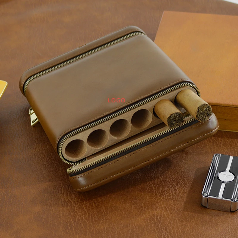 

Portable double zip humidor cedar-wood leather cigar bag