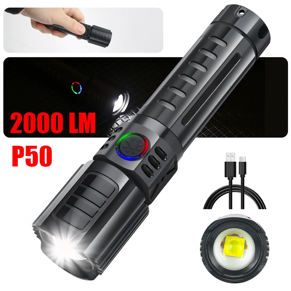 

Strong Lighting ABS LED Flashlight USB Charging Portable Outdoor Zoom Torch Camping Fishing Telescopic Focus Long Range Lamp