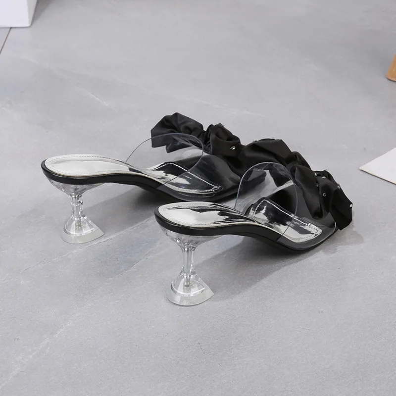 Crystal High Heels Women Slippers Slides for Women Summer 2022 New Fashion Fine-heeled Open-toed Big Flowers Slippers Woman