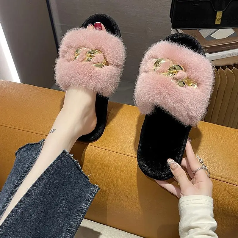 Fluffy Slippers Home Women Casual Chain Designer Shoes Ladies Autumn Winter Indoor Plush Slides Girls Fashion Elegant Footwear 2
