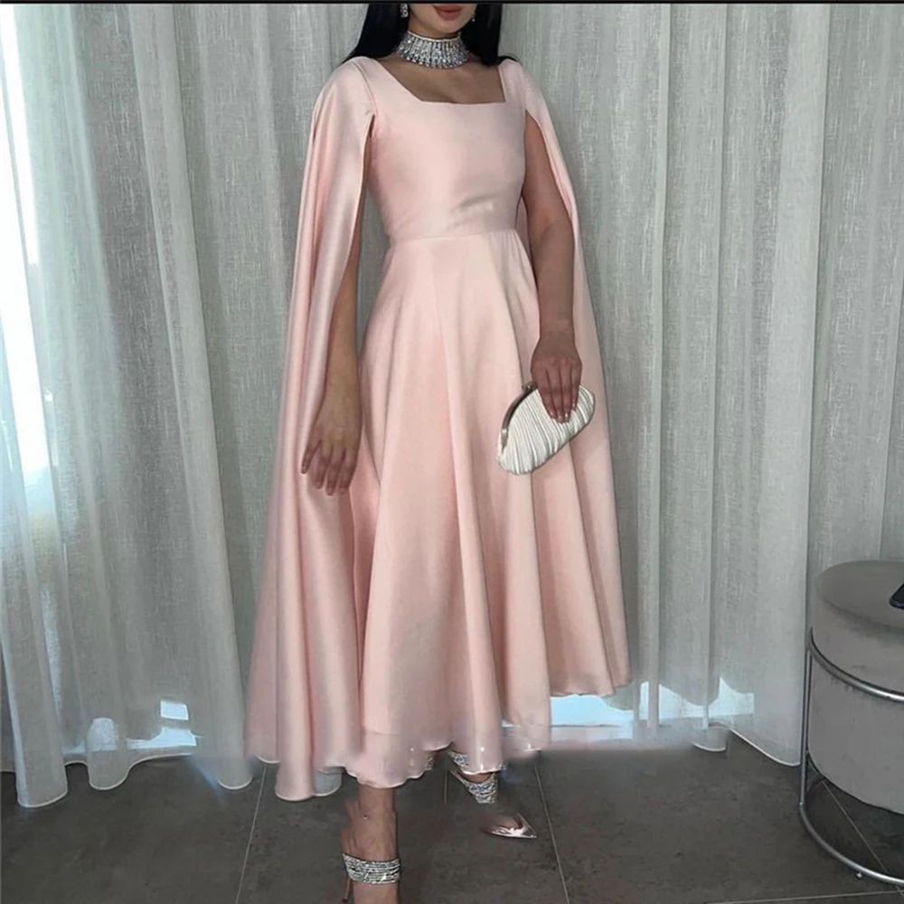 

A Line Chiffon Prom Dresses Long Cape Sleeves Square Neck 2023 Pink Midi Length Evening Gowns Formal Party Dress Saudi Arabic