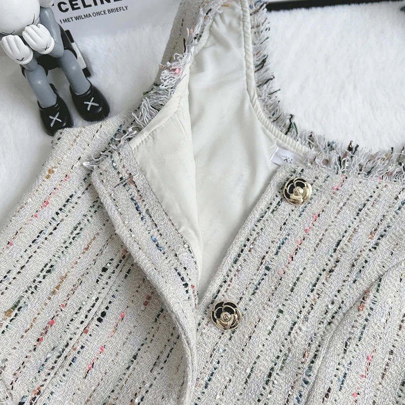 QOERLIN Stylish Elegant Tweed Jacket Coat Sleeveless Square Collar Tank Tops Waistcoat 2023 New High Fashion Loose Tassel Vest