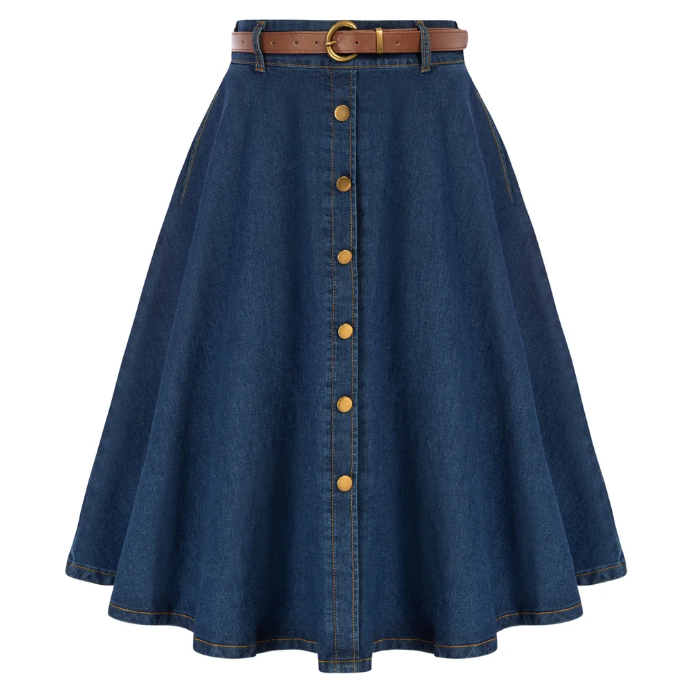 

BP Women Vintage Jean Skirt With Belt Elastic High Waist A-Line Midi Skirt