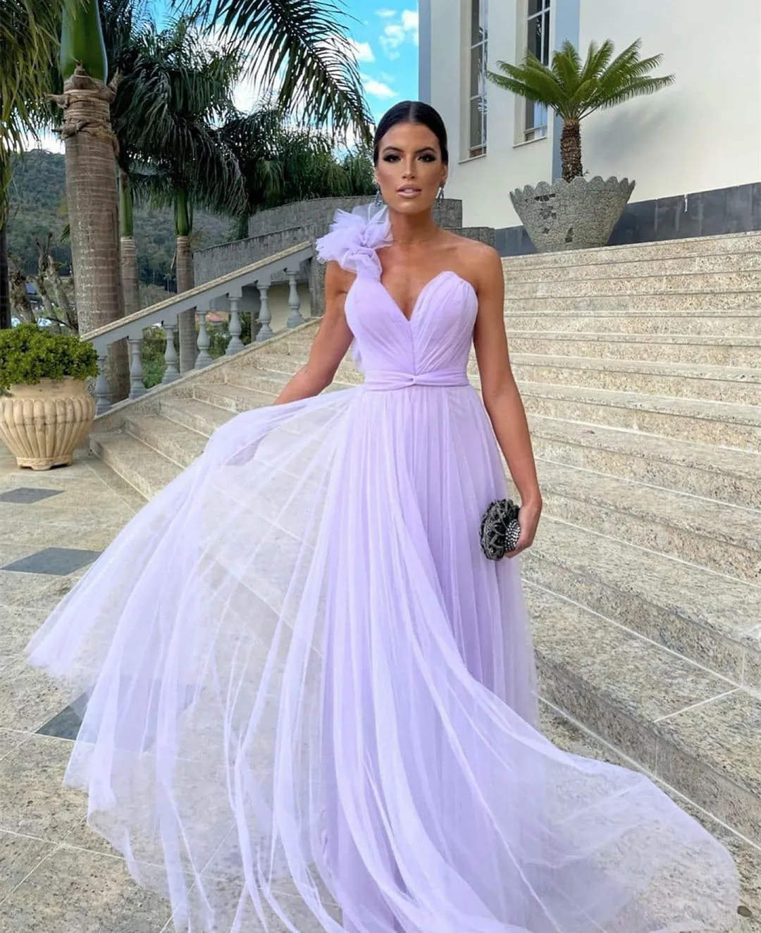 

Elegant Long Lilac Tulle Evening Dresses With Bow A-Line V-Neck One Shoulder Floor Length Prom Dresses for Women