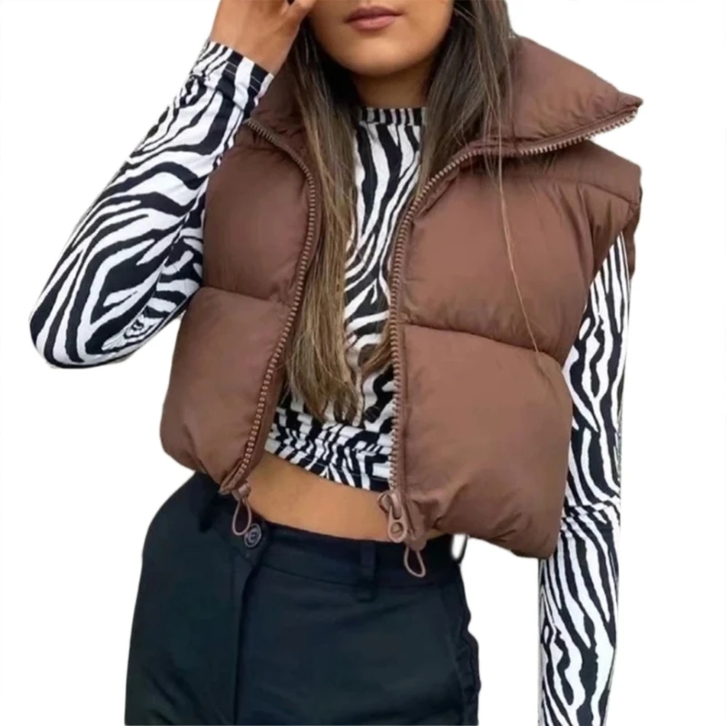 Quilted Padded Gilet Women Sleeveless Zipper Up Loose Cropped Puffer Vest Coat H9ED - 4