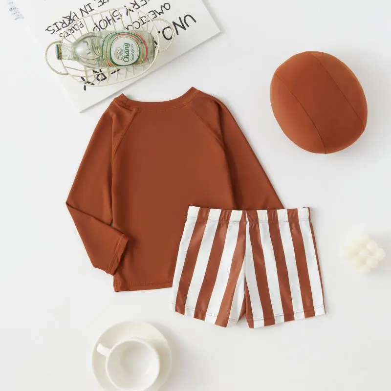 Boys' long-sleeved split swimsuit and swimming cap set