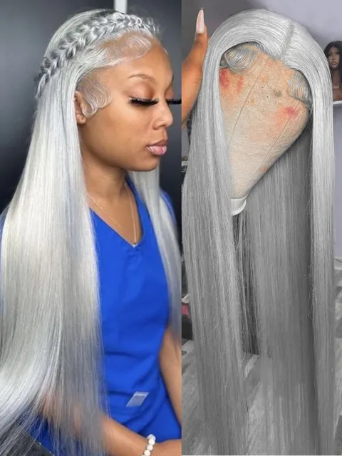 13x6 Silver Gray Straight Lace Front Human Hair Wigs Pre Plucked 613 Blonde Body Wave Frontal Wigs For Women Brazilian Hair Wigs