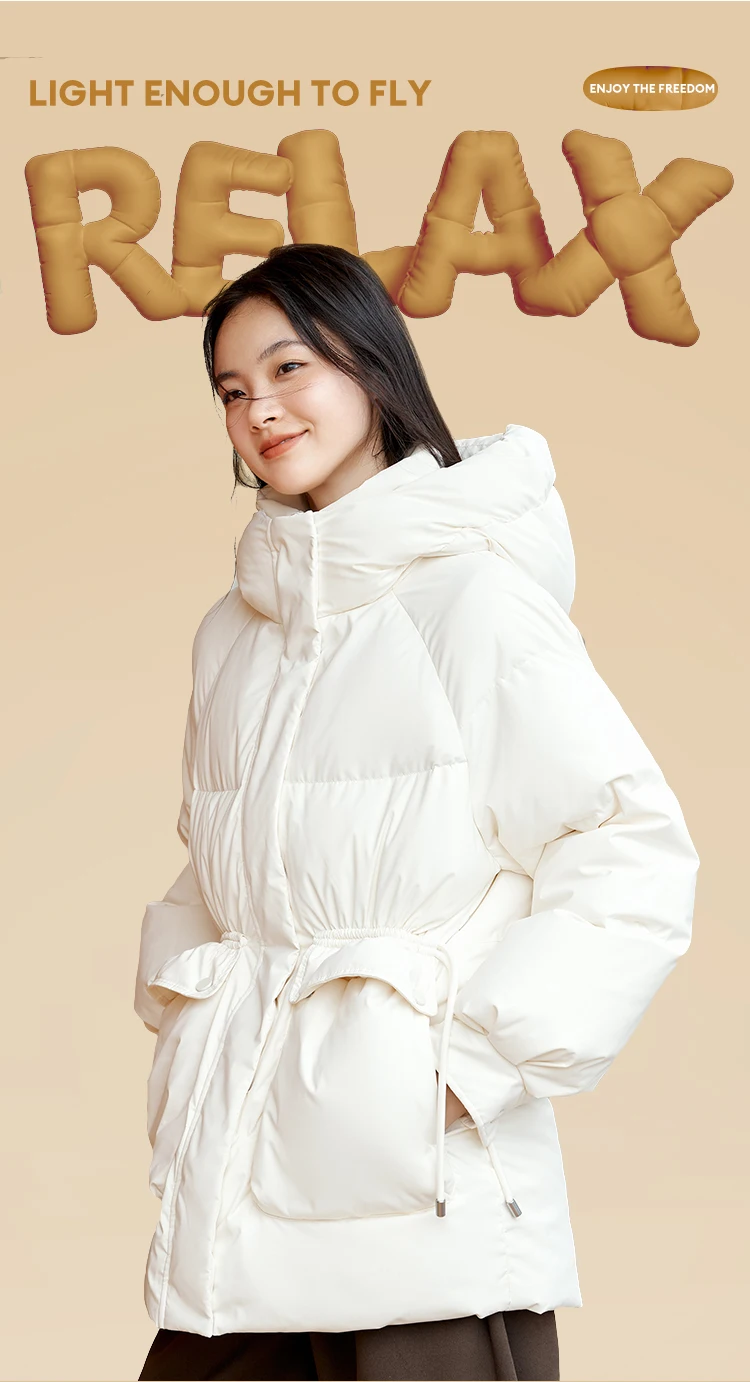 Down Jacket Women Mid-Length Loose Raglan Sleeve Simple Warm Winter Three-Defense Hooded Coat