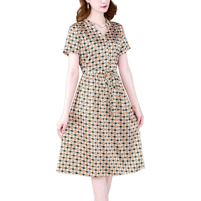 

short-sleeved dress women's summer thin floral mid-length loose belly-covering silk a-line skirt