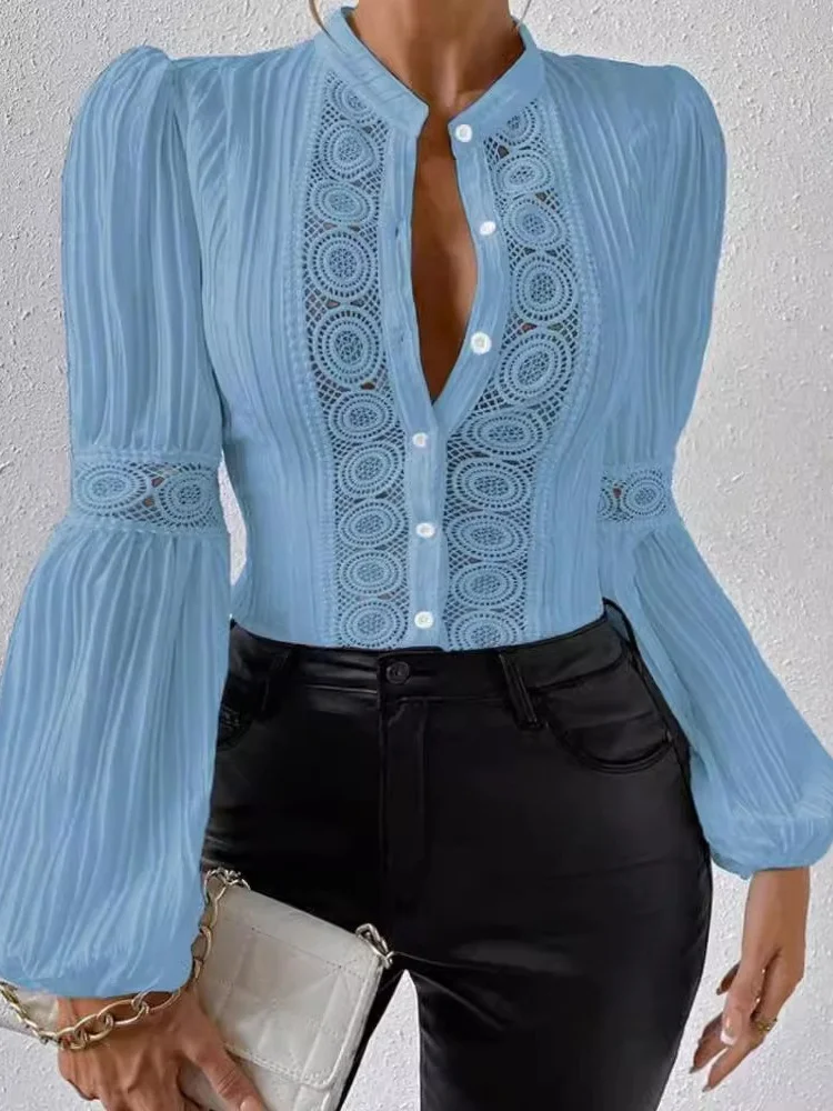 Wmstar Women Top Wholesale Lace Patchwork Lantern Long Sleeved Solid Color Stand Up Collar Shirt Dropshopping Fall Clothing