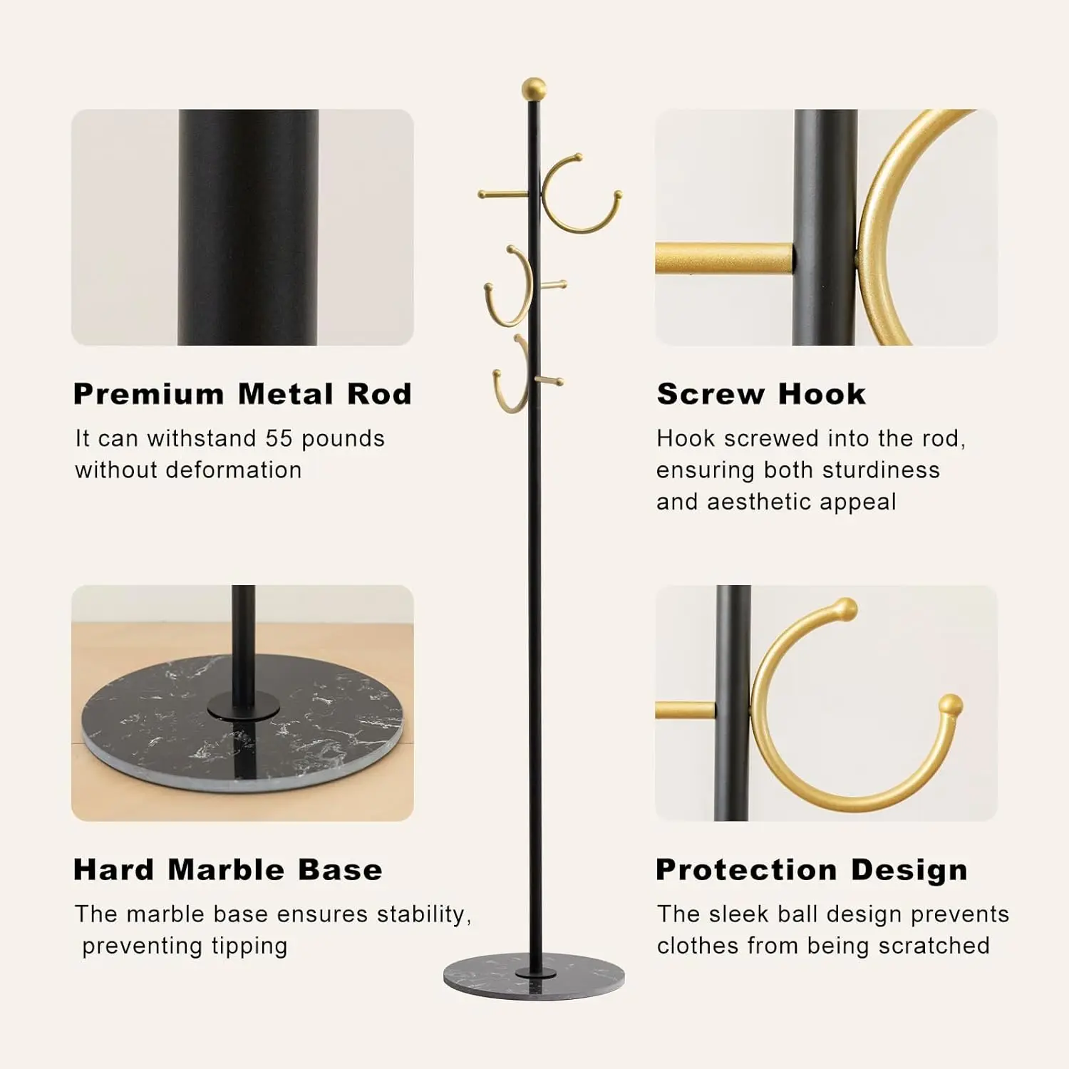 Coat Rack Freestanding Metal Corner Clothing Rack with Round Marble Base 8 Hooks Heavy Duty Coat Tree