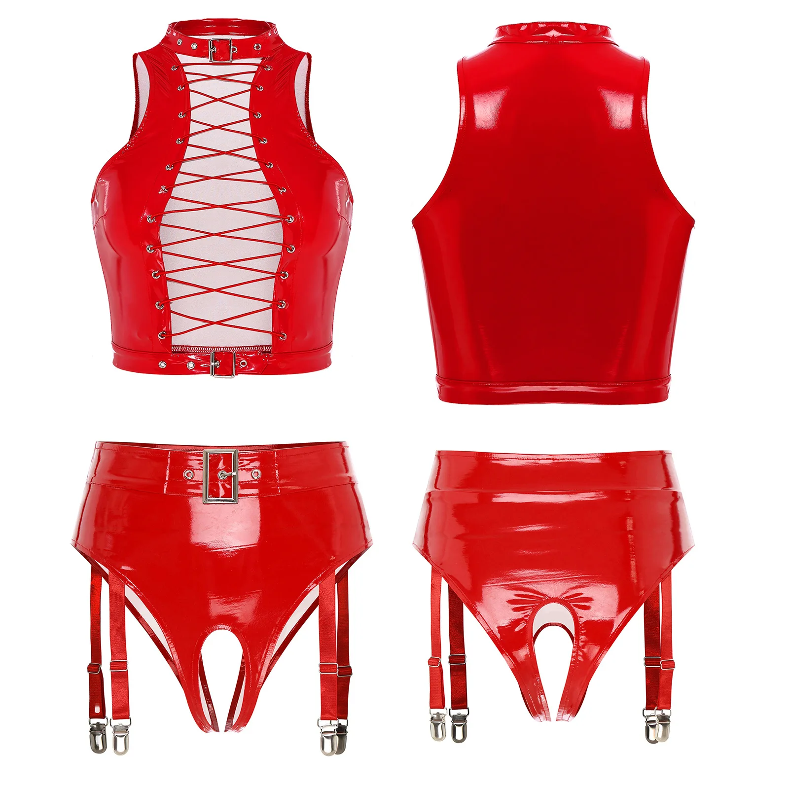 thumbnail image 1 of Conjunto de lencería Sexy de charol para mujer, ropa de discoteca de látex, Top corto sin mangas con cordones en la parte delantera y liguero con hebilla sin entrepierna, 1 of 5