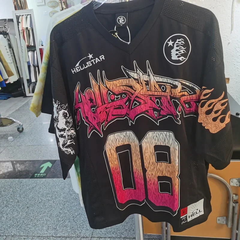 

Hellstar Studios T-shirt Flame Alphanumeric Print Mesh Stitching Men Women Short Sleeve T Shirt Sport Ball Uniform New
