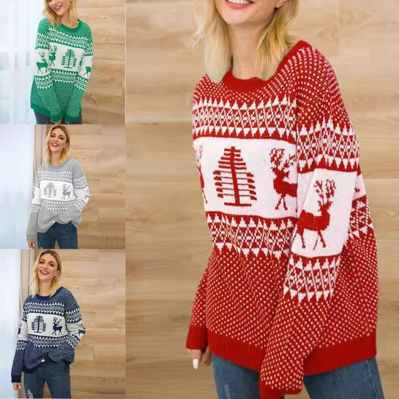 

Festival Knitted Sweatshirt for Girl Christmas Embroidery Pattern Sweater Long Sleeve Elk Floral Printed Pullover P8DB