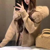 Women Cashmere Cardigan Hooded Sweater Autumn Winter Long Sleeve Zipper Outerwear Jacket With Faux Fox Fur Collar Y2k Knitwear 2