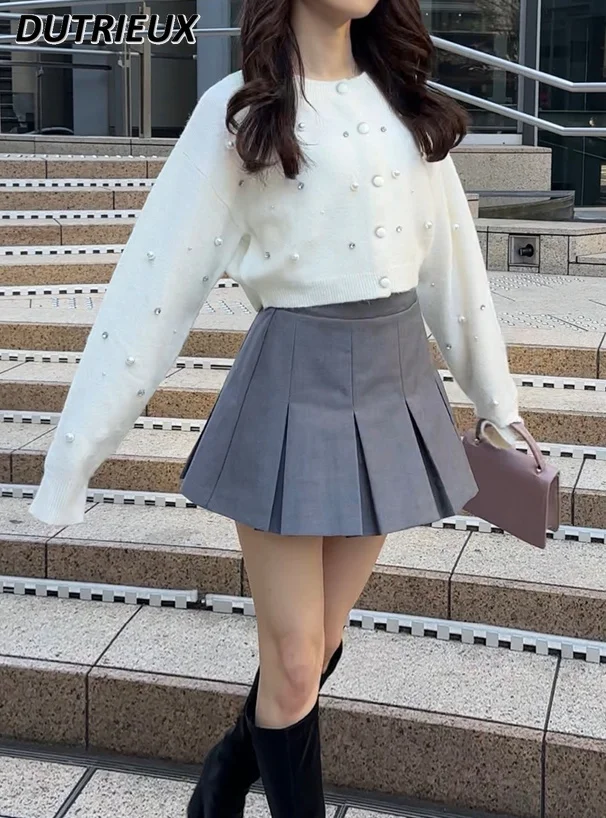 

Spring and Autumn New Long Sleeve Versatile Sweater Coat 2024 Japanese Sweet Pearl Decorative O-neck Short Knitted Cardigan