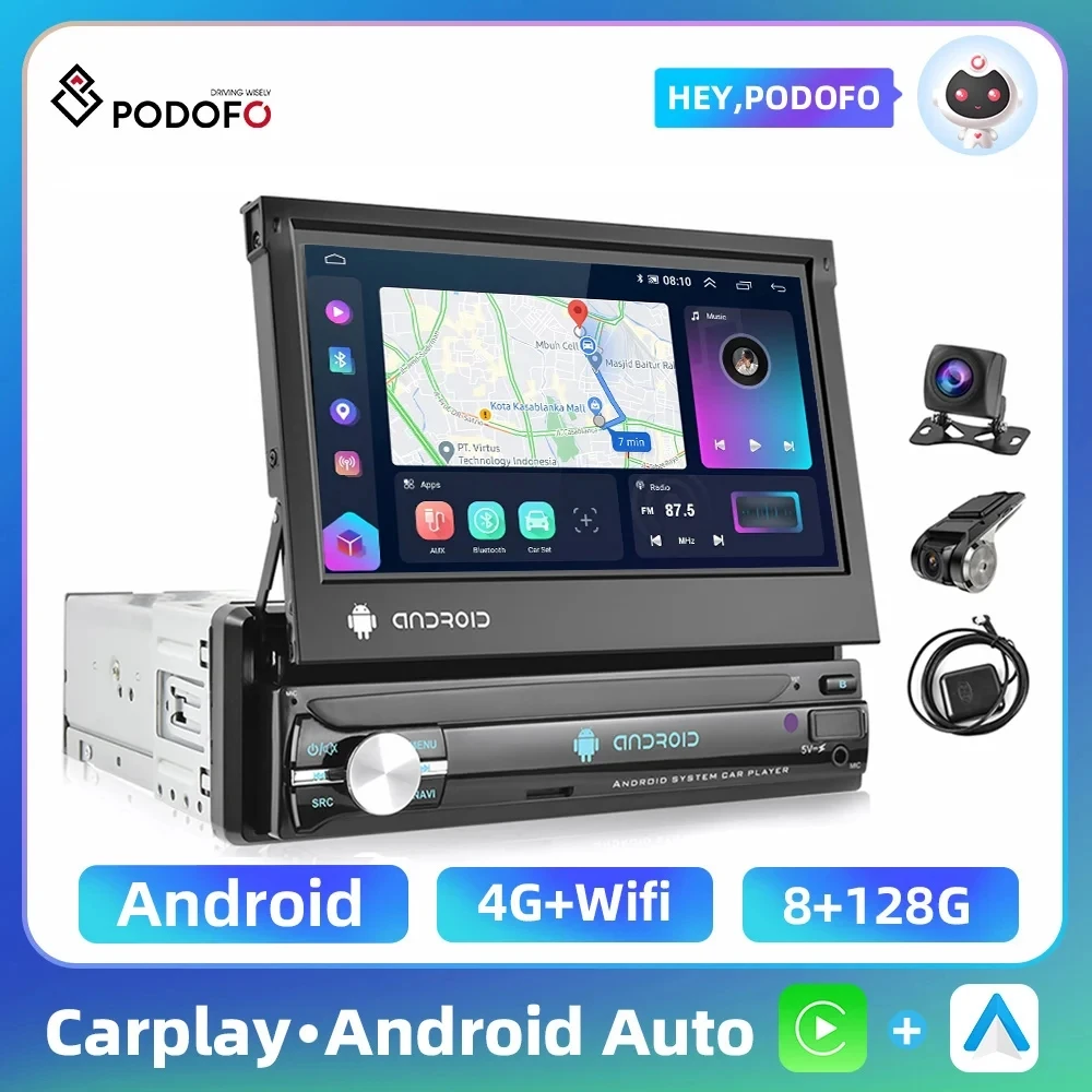 Podofo-reproductor Multimedia de vídeo para coche, autorradio estéreo con Android, CarPlay, pantalla retráctil de 7 pulgadas, navegación GPS Universal, 1DIN