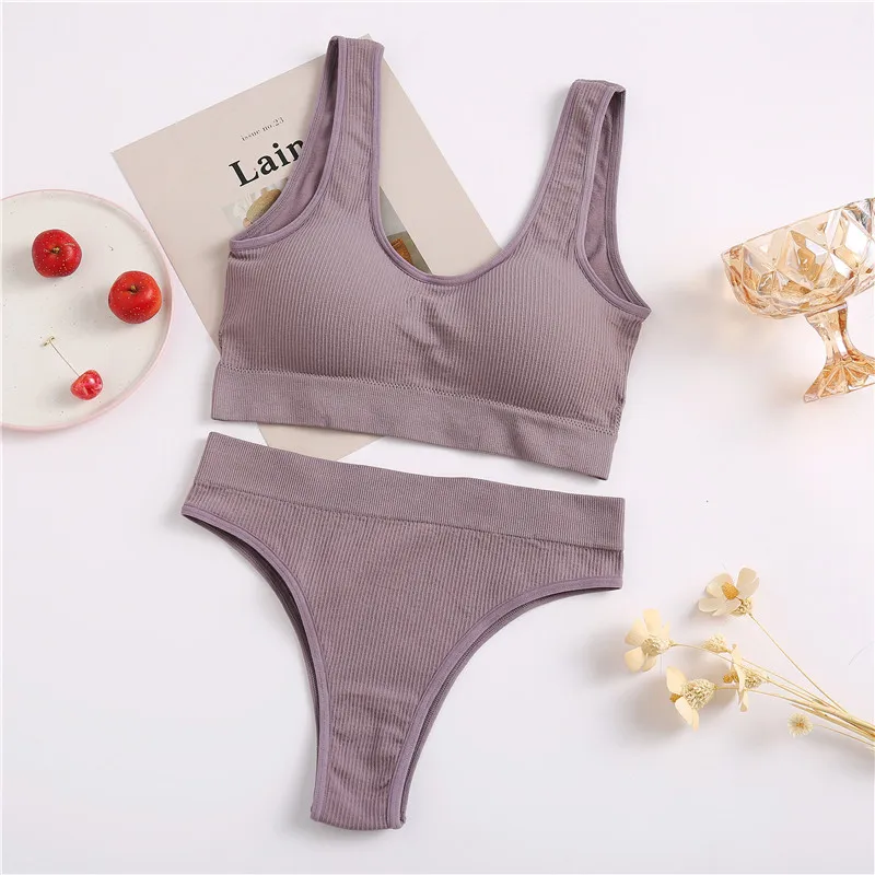 2PCS/Set Underwear Women Seamless Bra Wireless Bralette Lingerie Sexy High Waisted Panties Cotton Woman Lingerie_voghion.com