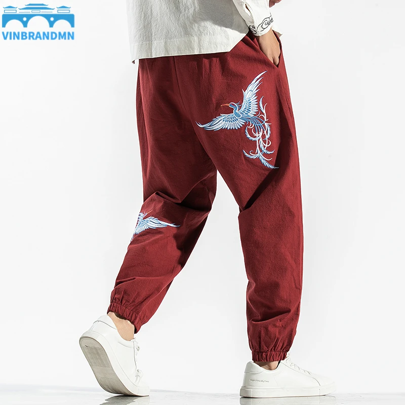 

Men Summer Retro Carp Embroidery Pants T-shirt Chinese Style Hanfu Tee Tops Casual Bloomers Outdoor Streetwear Sports Trousers