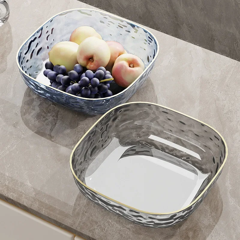 Light Luxury Household Fruit Bowl Salad Dessert Biscuit Plate Plastic Square Transparent Tray Golden Edge Snack Plates Tableware