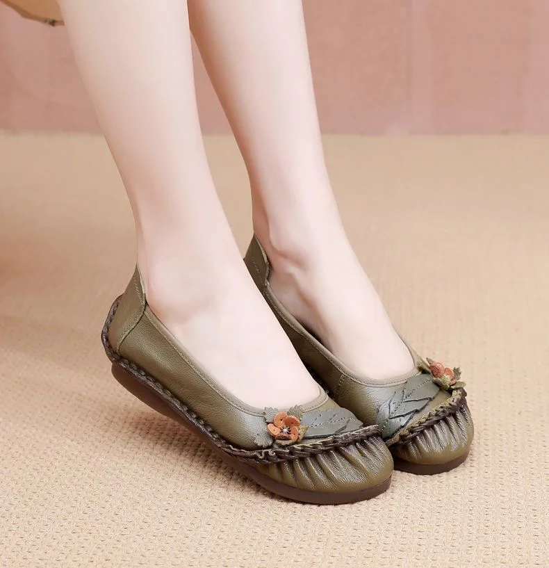 New retro floral ballet flats mujer women's barefoot shoes slip on loafers women cowhide leather moccasins casual walking shoes