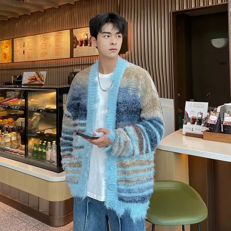 남녀공용 컬러 블로킹 스트라이프 스웨터, 그라데이션 슬리브 가디건, 니트 재킷, 커플 착용, 감성 디자인, 가을 및 겨울
