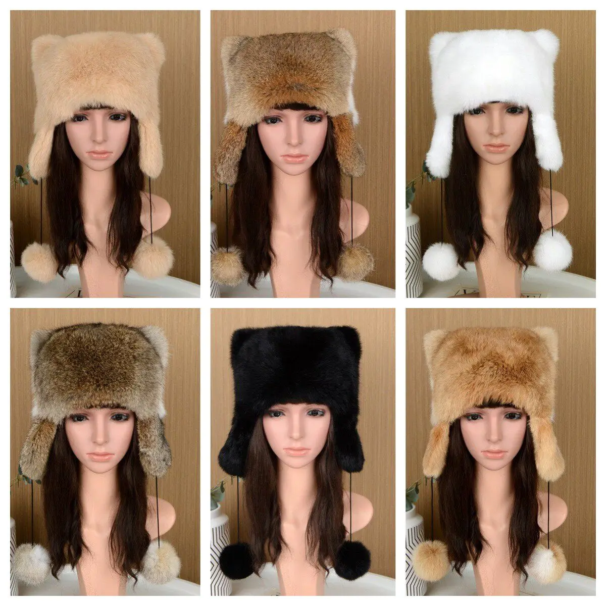 Winter Echte Kaninchenfell-Mützen für Frauen Russische Uschanka-Kappe Unisex Warme Schneemütze mit Ohrenklappe – Detail 1