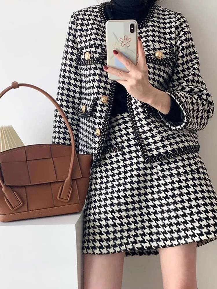 

Korean Small Fragrance Fashion Autumn Winter Women 2 Piece Set Houndstooth Blazers And Skirts Sets Tweed Wool Warm Suits