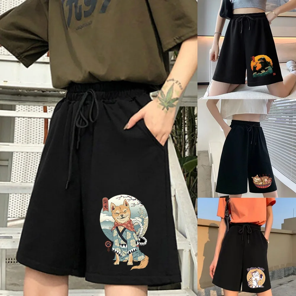 

Women's Fashion Shorts Cute Cat Print Elastic Band Women Korean Style Shorts Clothing Casual Harajuku Sports Cropped Pants