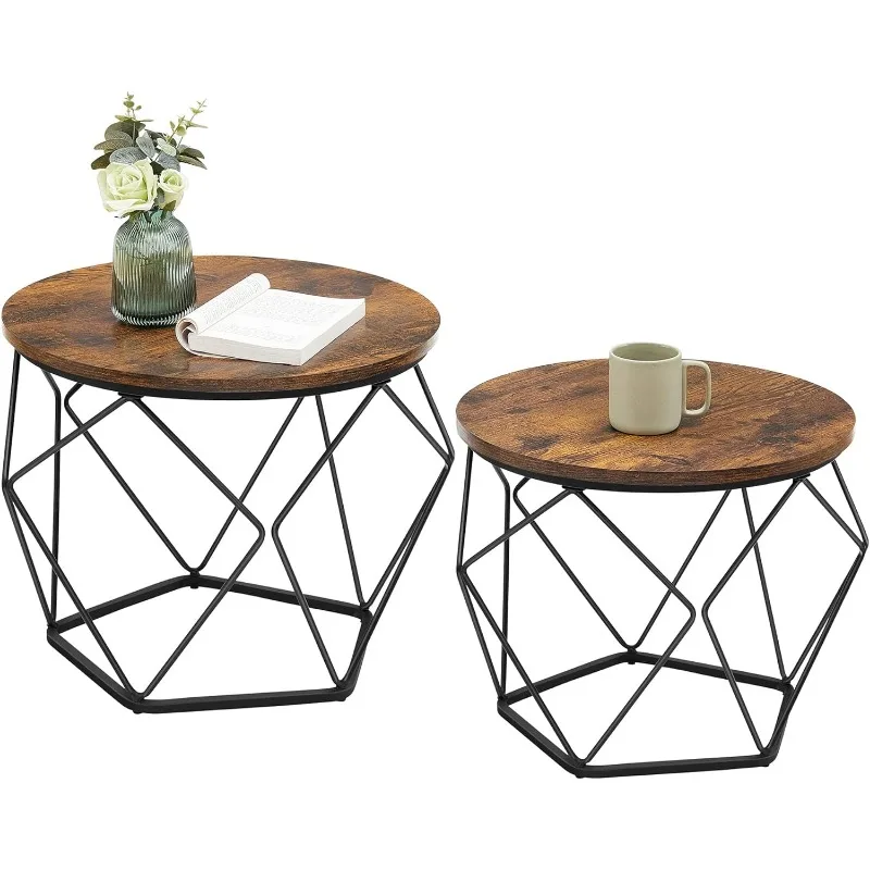 VASAGLE Small Coffee Table Set of 2, Round Coffee Table with Steel Frame, Side End Table for Living Room, Bedroom, Office, Rusti nordic marble small coffee table living room sofa side a few round wrought iron table small apartment bedroom bedside table