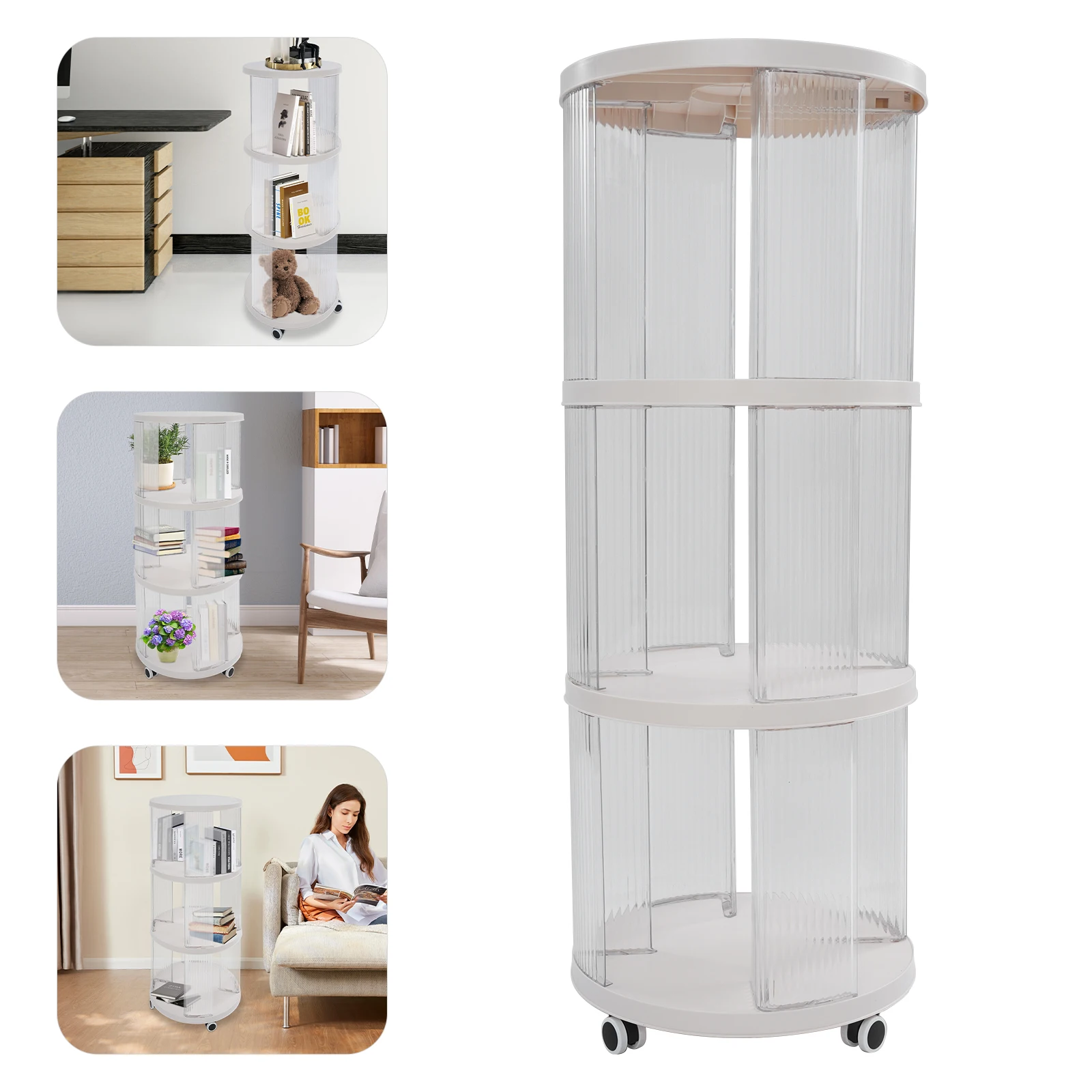 2/3 Tier Plastic Rotating Bookshelf 360 Swivel 4 Wheels with Brakes Large Capacity for Home Office Living Room 1