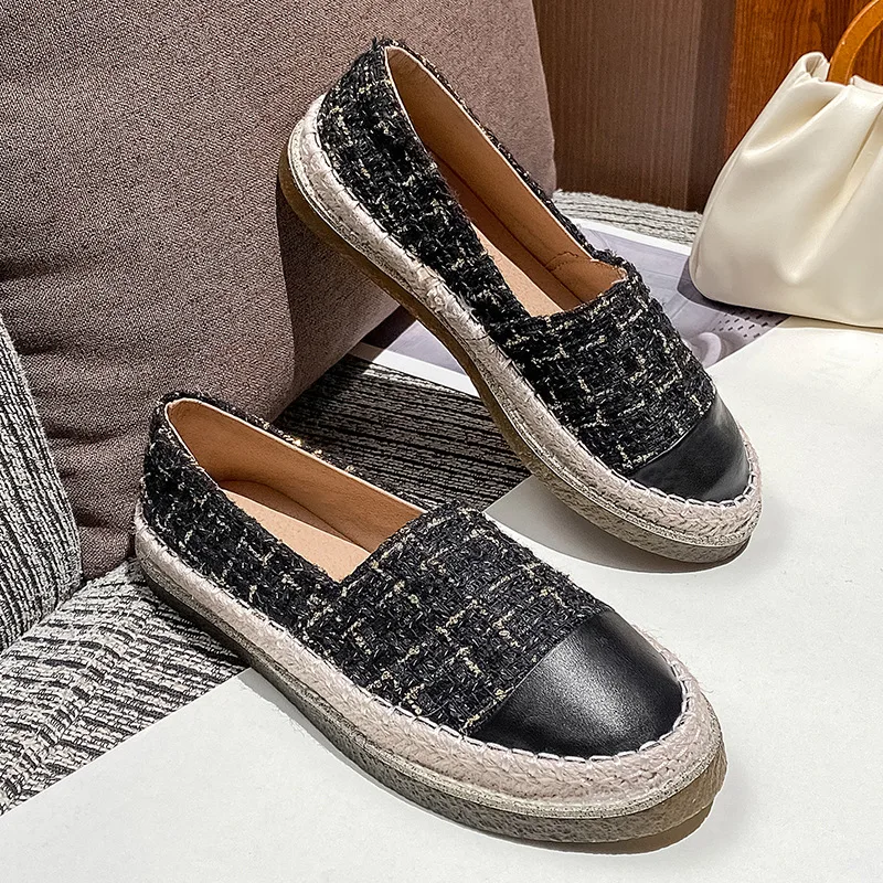 

Women Espadrille Flat Shoes Black Tweed Loafers Casual Round Toe Ladies Slip on Lazy Shoes Zapatos Mujer Plus Size 42 Mocasines