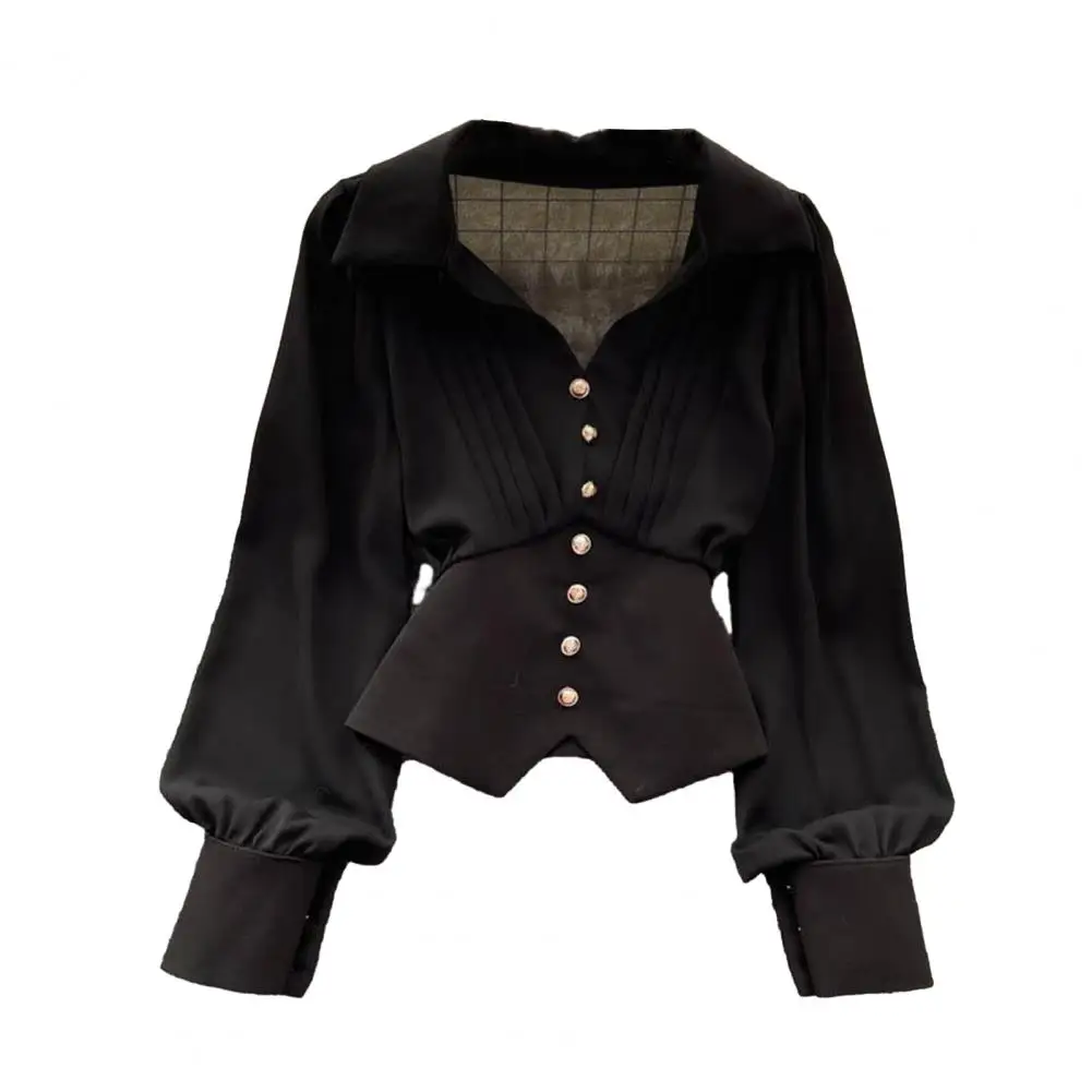 Women Shirt Elegant French Style Women's Shirt with Puff Sleeves Irregular Hem Lapel V-neck Buttoned Top in Solid for Ladies